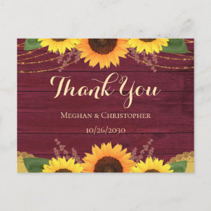 Rustic Burgundy Wood Sunflower Wedding Vielen Dank Postkarte