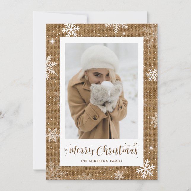 Rustic Burlap 1 Foto Weihnachtskarten Feiertagskarte (Vorderseite)