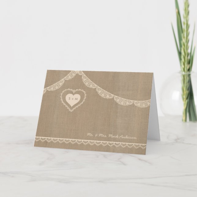 Rustic Burlap and Lace Wedding bedankt sich bei de Dankeskarte (Vorderseite)