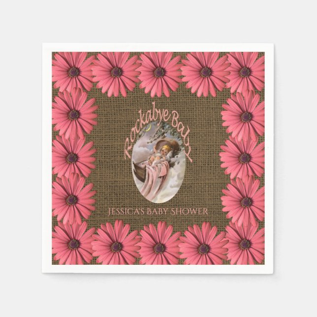 Rustic Burlap Baby Dusche | Blumenrosa Brown Serviette (Vorderseite)
