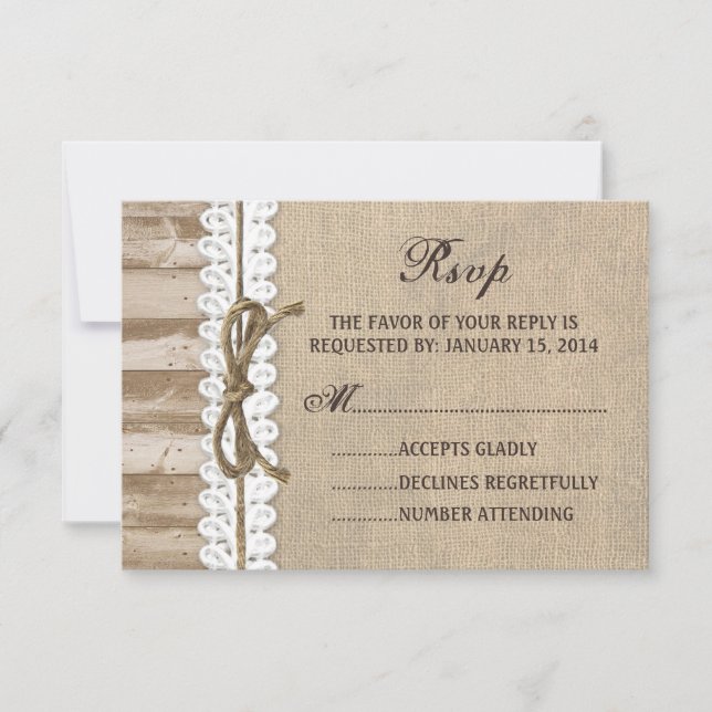 Rustic Burlap Barn Wood Twine Wedding RSVP Card (Vorderseite)