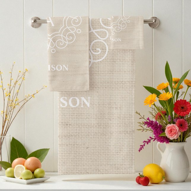 Rustic Burlap Beige Farmhouse Monogram Badhandtuch Set (Von Creator hochgeladen)