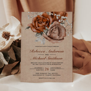 Rustic Burlap Burnt Orange Rose Terracotta Wedding Einladung