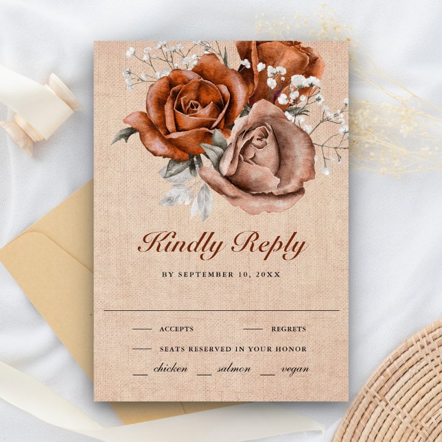 Rustic Burlap Burnt Orange Rose Terracotta Wedding RSVP Karte (Von Creator hochgeladen)