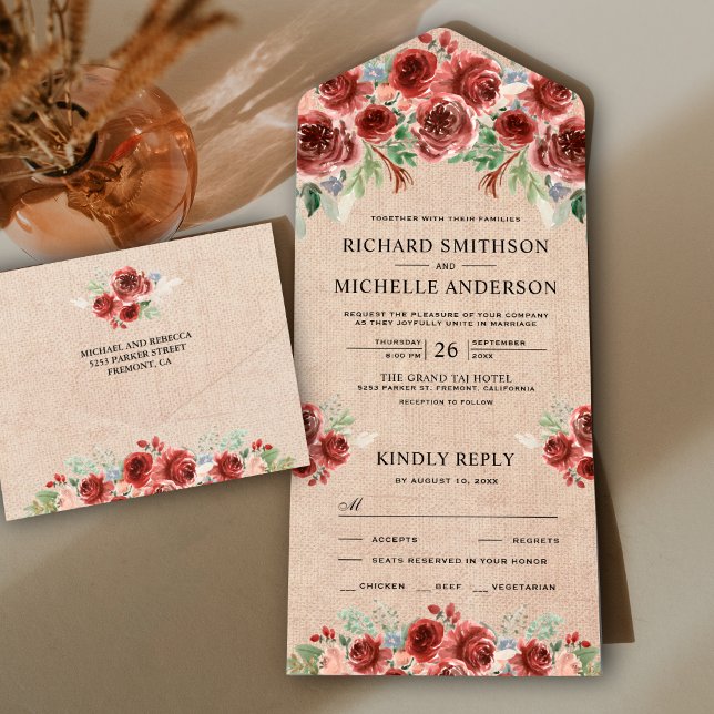 Rustic Burlap Country Marsala Bloral Bloom Wedding All In One Einladung (Von Creator hochgeladen)