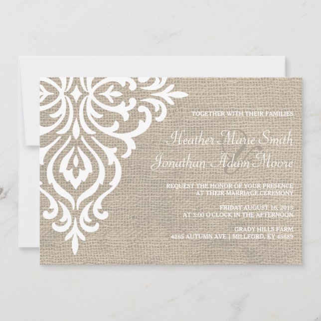 Rustic Burlap Damask Vintage Hochzeit Einladung (Vorderseite)