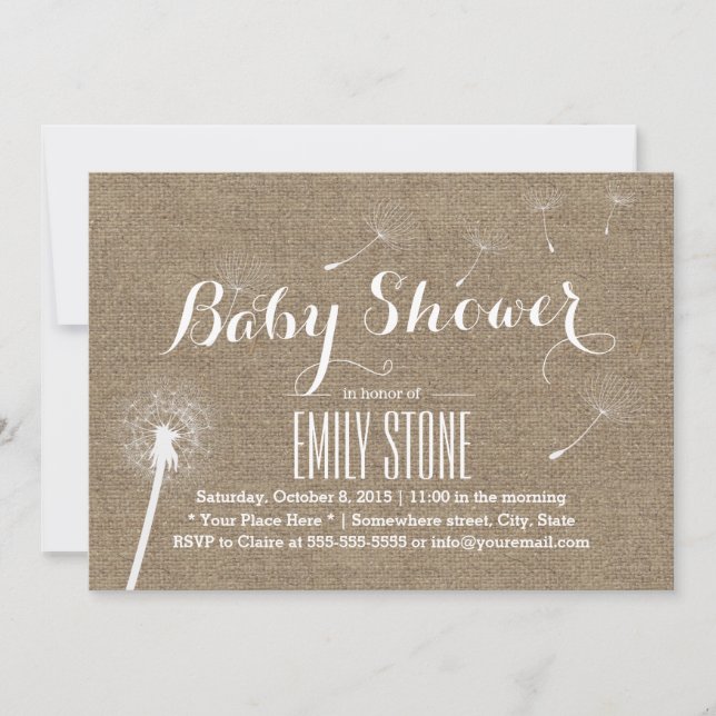 Rustic Burlap Dandelion Baby Shower Einladungen (Vorderseite)