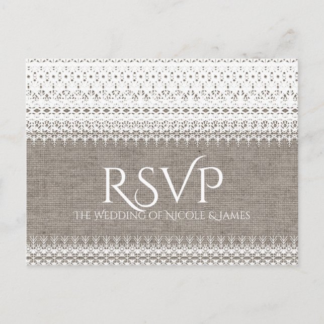 Rustic Burlap & elegante Lace Wedding RSVP Einladungspostkarte (Vorderseite)