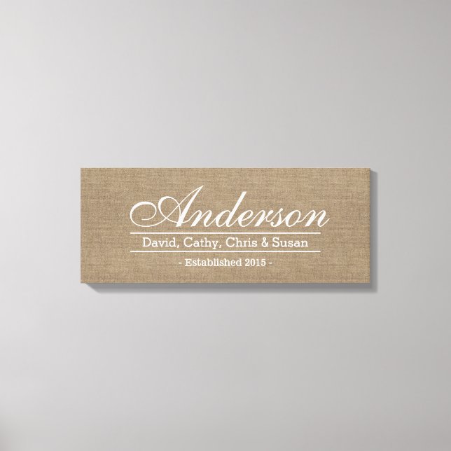 Rustic Burlap Familie etablierte Familienname-Zeic Leinwanddruck (Vorderseite)