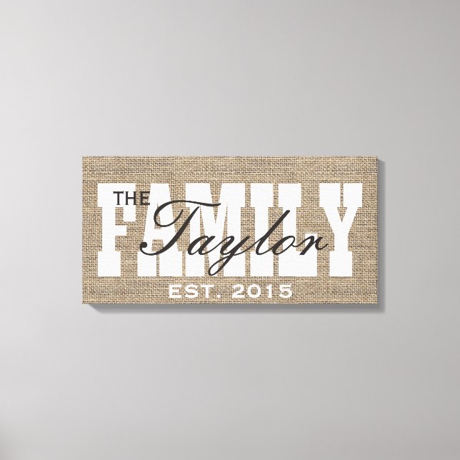Rustic Burlap Familie etablierte Familienname-Zeic Leinwanddruck (Vorderseite)