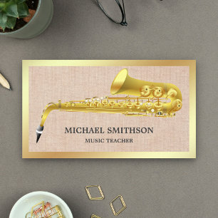 Rustic Burlap Gold Foil Saxophone Music Teacher Visitenkarte