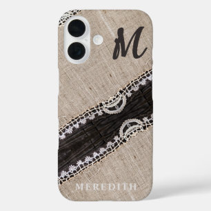 Rustic Burlap Lace Barn Holz Elegance Monogram iPhone 16 Hülle