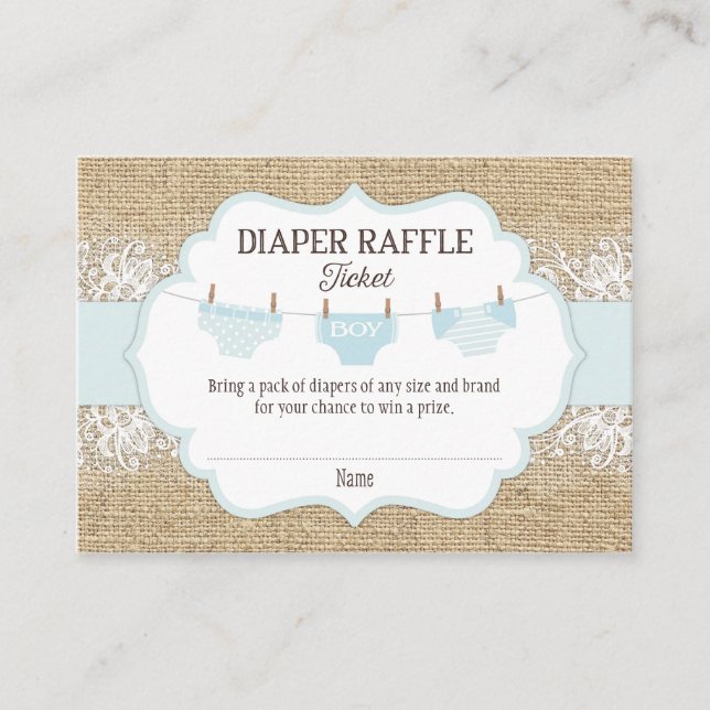 Rustic Burlap Lace Blue Boy Diaper Raffle Ticket Begleitkarte (Vorderseite)