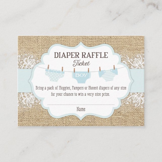 Rustic Burlap Lace Blue Boy Diaper Raffle Ticket Begleitkarte (Vorderseite)