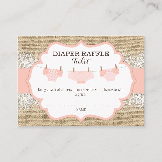 Rustic Burlap Lace Coral Diaper Raffle Ticket Begleitkarte (Vorderseite)