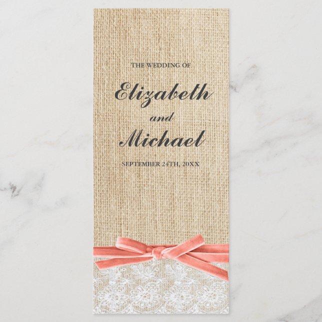 Rustic Burlap Lace Coral Ribbon Wedding Programm (Vorderseite)