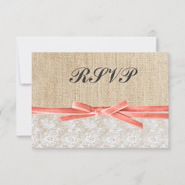 Rustic Burlap Lace Coral Ribbon Wedding RSVP Karte (Vorderseite)