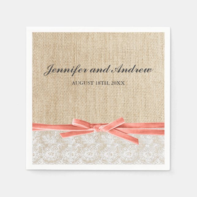 Rustic Burlap Lace Coral Ribbon Wedding Serviette (Vorderseite)