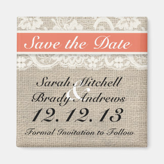 Rustic Burlap Lace Coral Speichern Sie das Date Ma Magnet