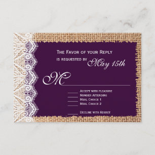 Rustic Burlap Lace Dark Lila Wedding RSVP Karten