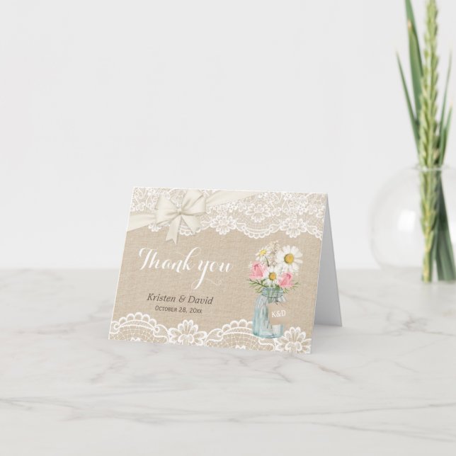 Rustic Burlap Lace Floral Mason Jar Vielen Dank Dankeskarte (Vorderseite)