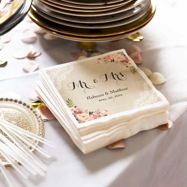 Rustic Burlap Lace Floral Mr. und Mrs. Wedding Serviette (Von Creator hochgeladen)