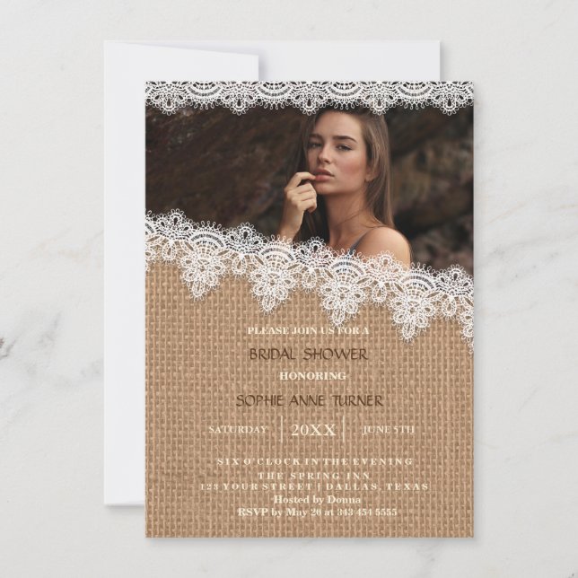 Rustic Burlap Lace Foto Brautparty laden Einladung (Vorderseite)