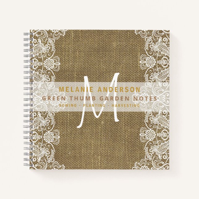Rustic Burlap Lace Gardeners Journal Vintag Notizbuch (Vorderseite)