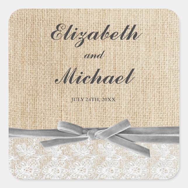 Rustic Burlap Lace Grau Ribbon Gevor Label Quadratischer Aufkleber (Vorderseite)