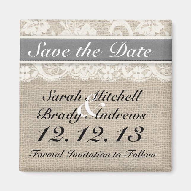 Rustic Burlap Lace Gray Speichern Sie das Date Mag Magnet (Vorne)