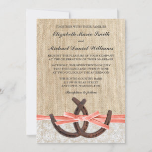 Rustic Burlap Lace Horseshoe Coral Ribbon Wedding Einladung