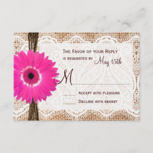 Rustic Burlap Lace Hot Pink Daisy Wedding RSVP Karte