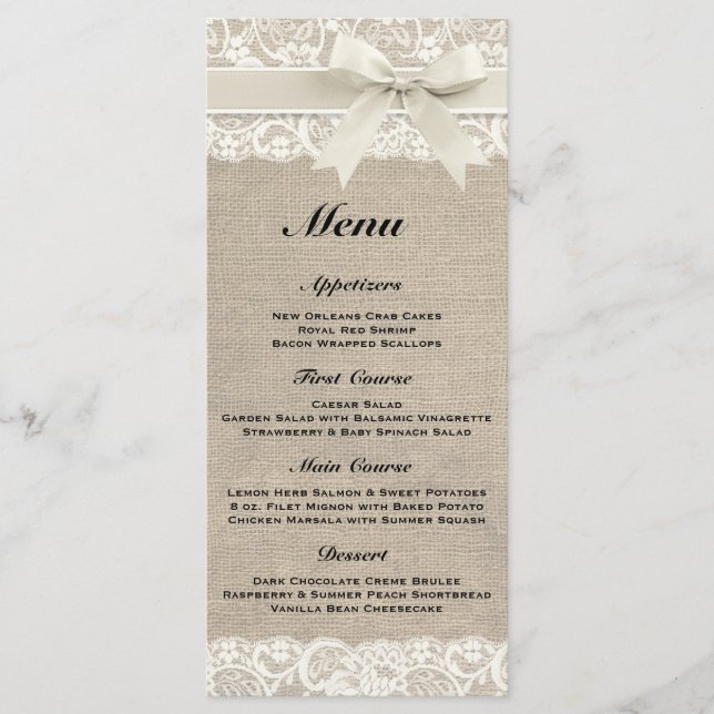 Rustic Burlap & Lace Ivory Wedding Menu Menükarte (Vorderseite)