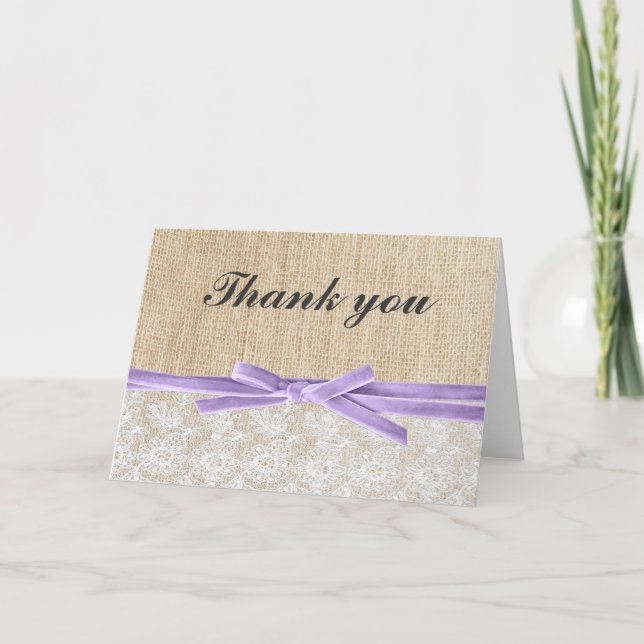 Rustic Burlap Lace Lavender Ribbon Vielen Dank Dankeskarte (Vorderseite)