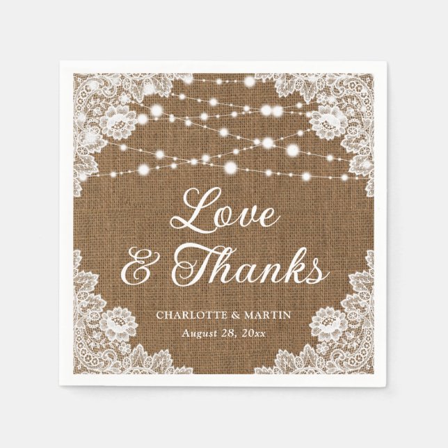 Rustic Burlap Lace Liebe und Danke Wedding Serviette (Vorderseite)