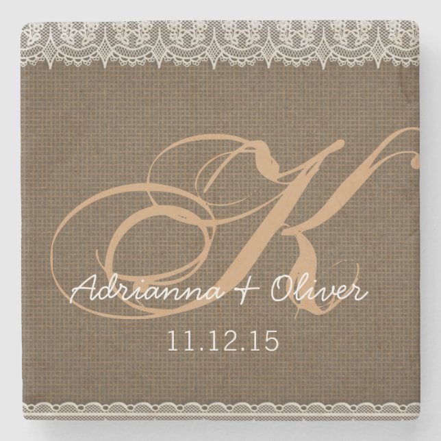Rustic Burlap Lace Monogram Wedding Steinuntersetzer (Vorderseite)