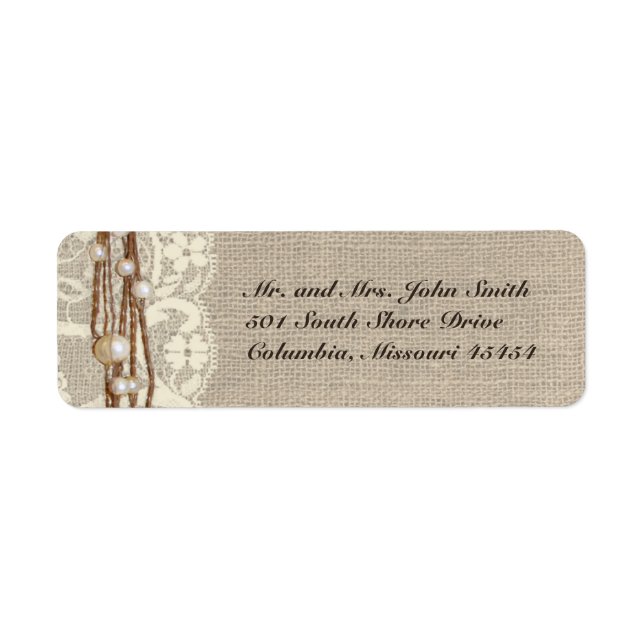 Rustic Burlap Lace Pearls Rücksendeadresse Label (Vorne)