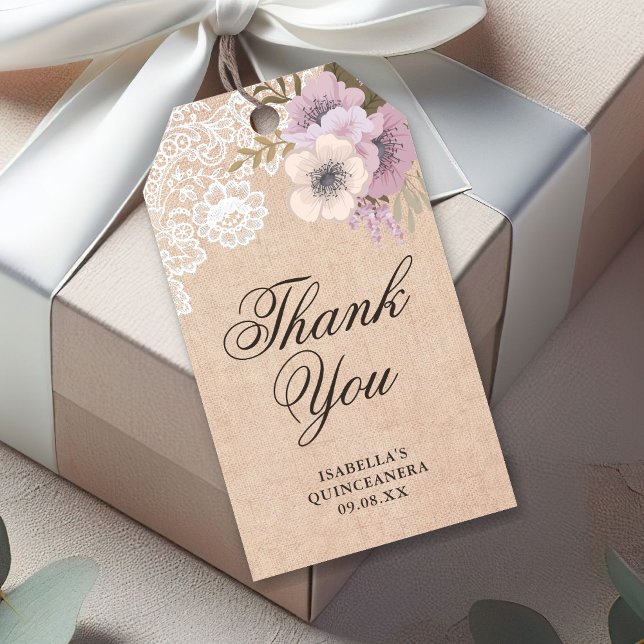 Rustic Burlap Lace Pink Floral Vielen Dank Geschenkanhänger (Von Creator hochgeladen)