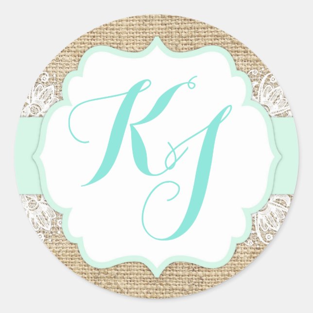 Rustic Burlap Lace Seafoam Baby Shooting Monogram Runder Aufkleber (Vorderseite)