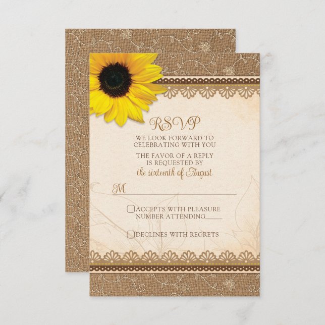 Rustic Burlap Lace Sunflower Wedding RSVP Karte (Vorne/Hinten)