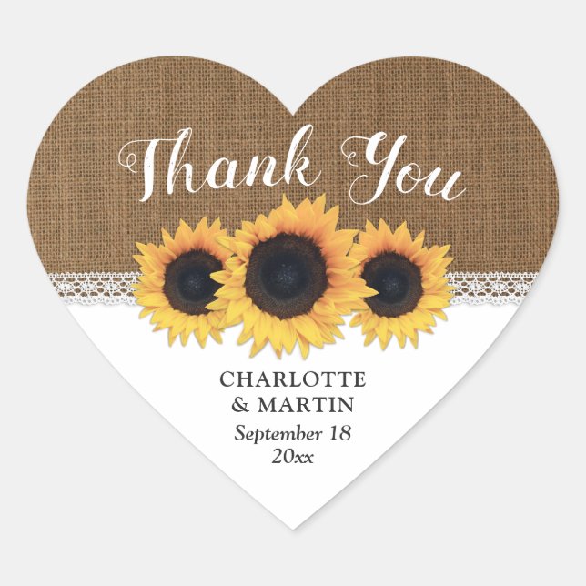 Rustic Burlap Lace Sunflower Wedding Thank You Herz-Aufkleber (Vorderseite)