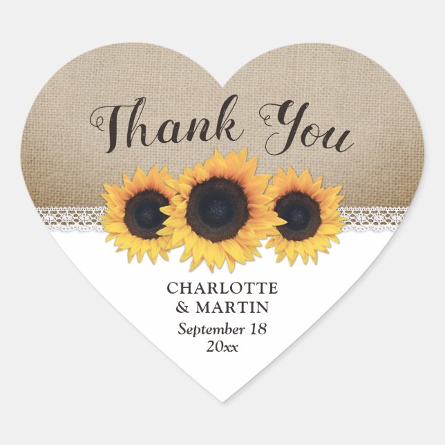 Rustic Burlap Lace Sunflower Wedding Thank You Herz-Aufkleber (Vorderseite)