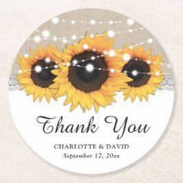 Rustic Burlap Lace Sunflower Wedding Thank You Runder Pappuntersetzer