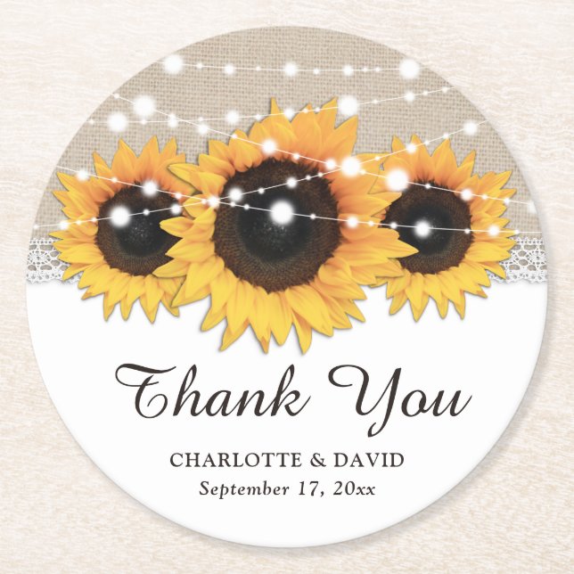 Rustic Burlap Lace Sunflower Wedding Thank You Runder Pappuntersetzer (Vorderseite)