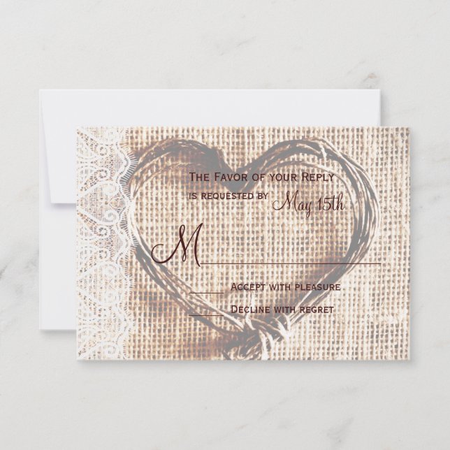 Rustic Burlap Lace Twine Heart Wedding RSVP Card (Vorderseite)