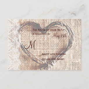 Rustic Burlap Lace Twine Heart Wedding RSVP Card Karte