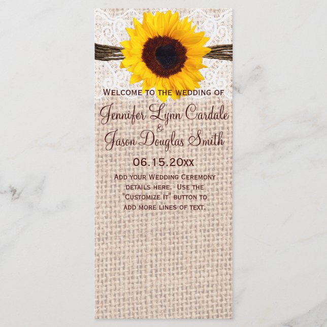 Rustic Burlap Lace Twine Sunflower Wedding Program Programm (Vorderseite)