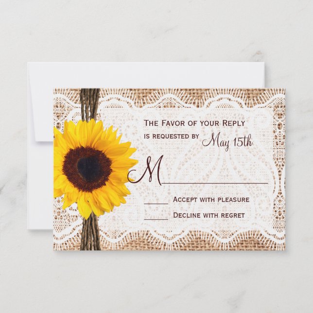 Rustic Burlap Lace Twine Sunflower Wedding RSVP (Vorderseite)