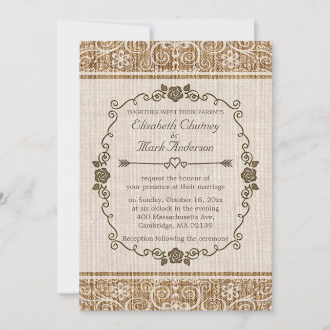 Rustic Burlap Lace Wedding Einladung (Vorderseite)