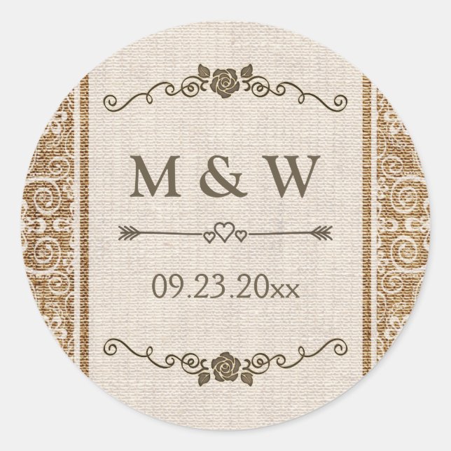 Rustic Burlap Lace Wedding Monogram Runder Aufkleber (Vorderseite)